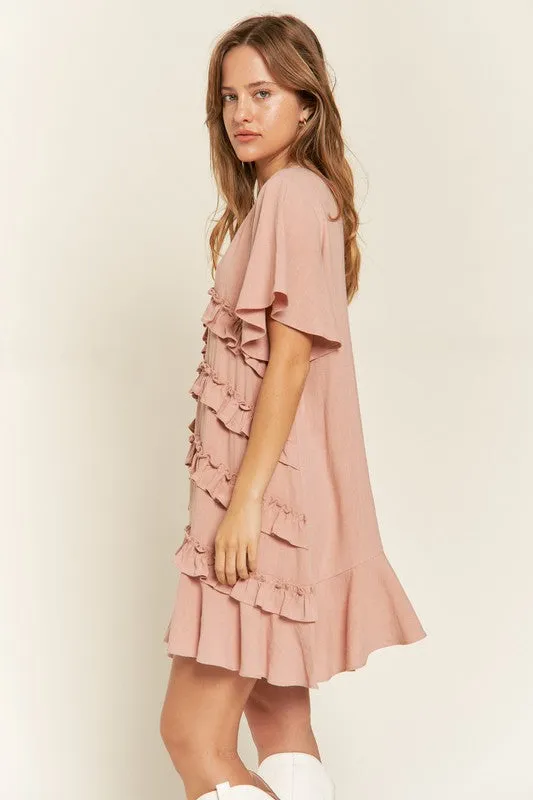 Bell Sleeve Tiered Ruffle Mini Dress