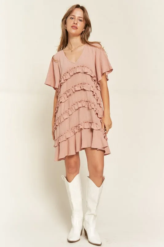 Bell Sleeve Tiered Ruffle Mini Dress