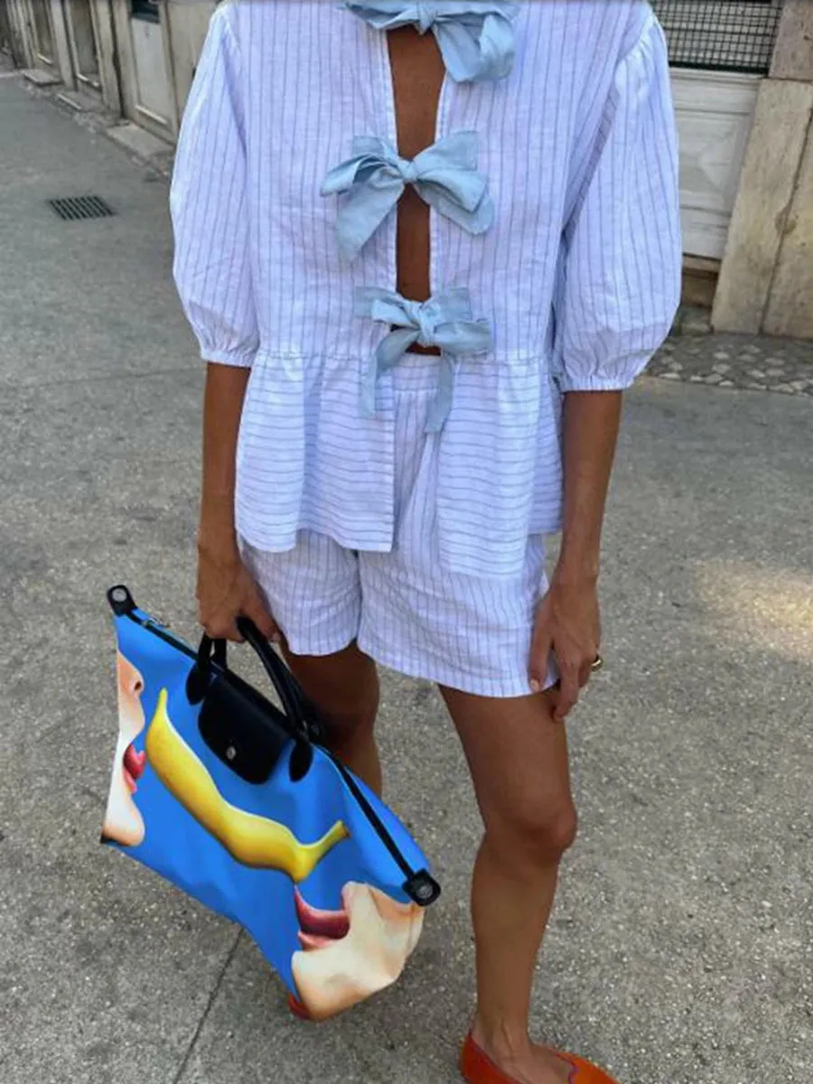 Girlary Women's Kawaii 2 Piece Summer Set Striped Front Tie-Up Half Sleeve Ruffled Tops   Elastic Waist Shorts Casual Outfit