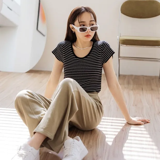 Korean Basic Solid Ribbed Knit Stripe Fitted T-Shirt Top