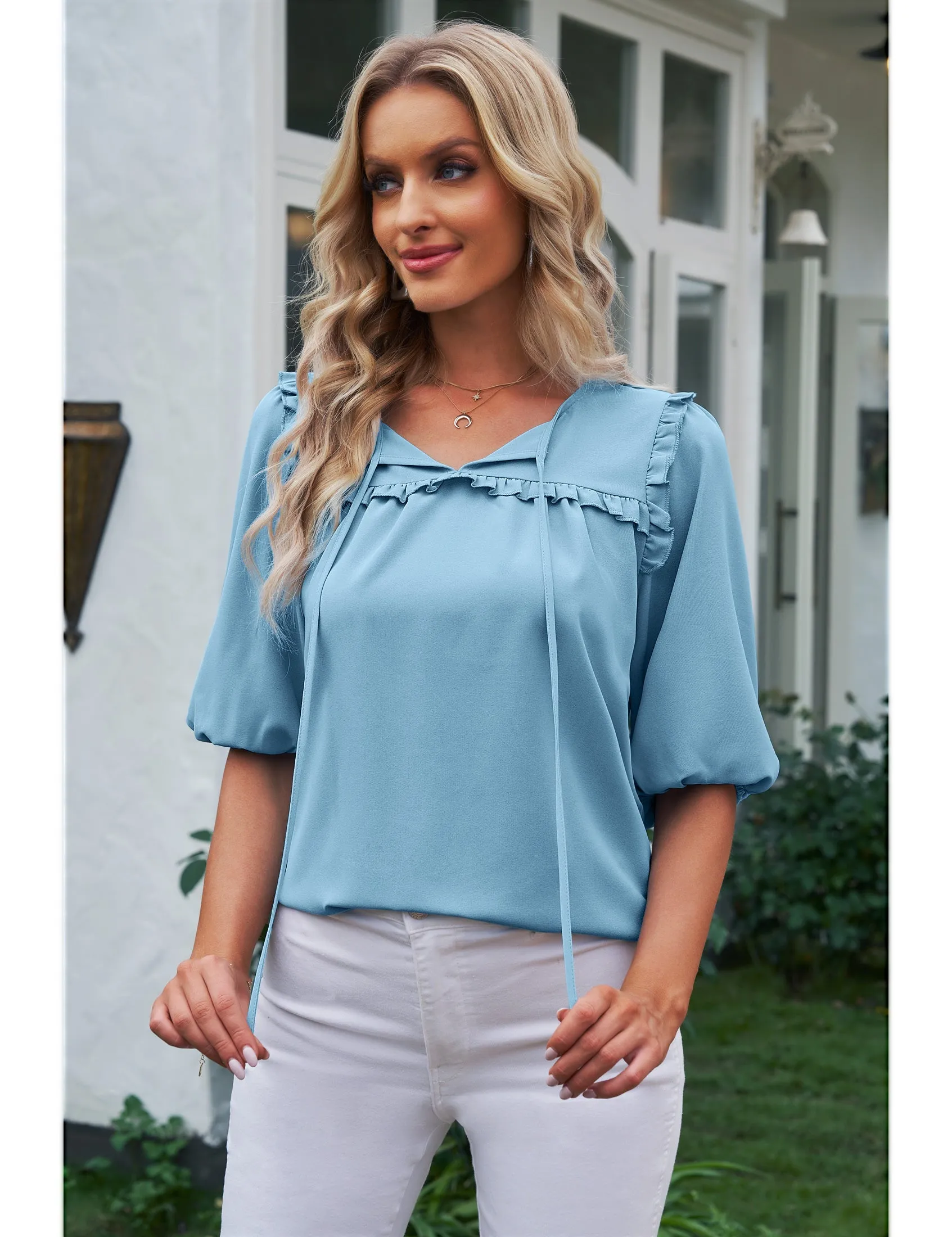 luvamia Womens Blouses and Tops Dressy Casual Business Tie Neck Ruffle Puff Sleeve Work Dress Shirt