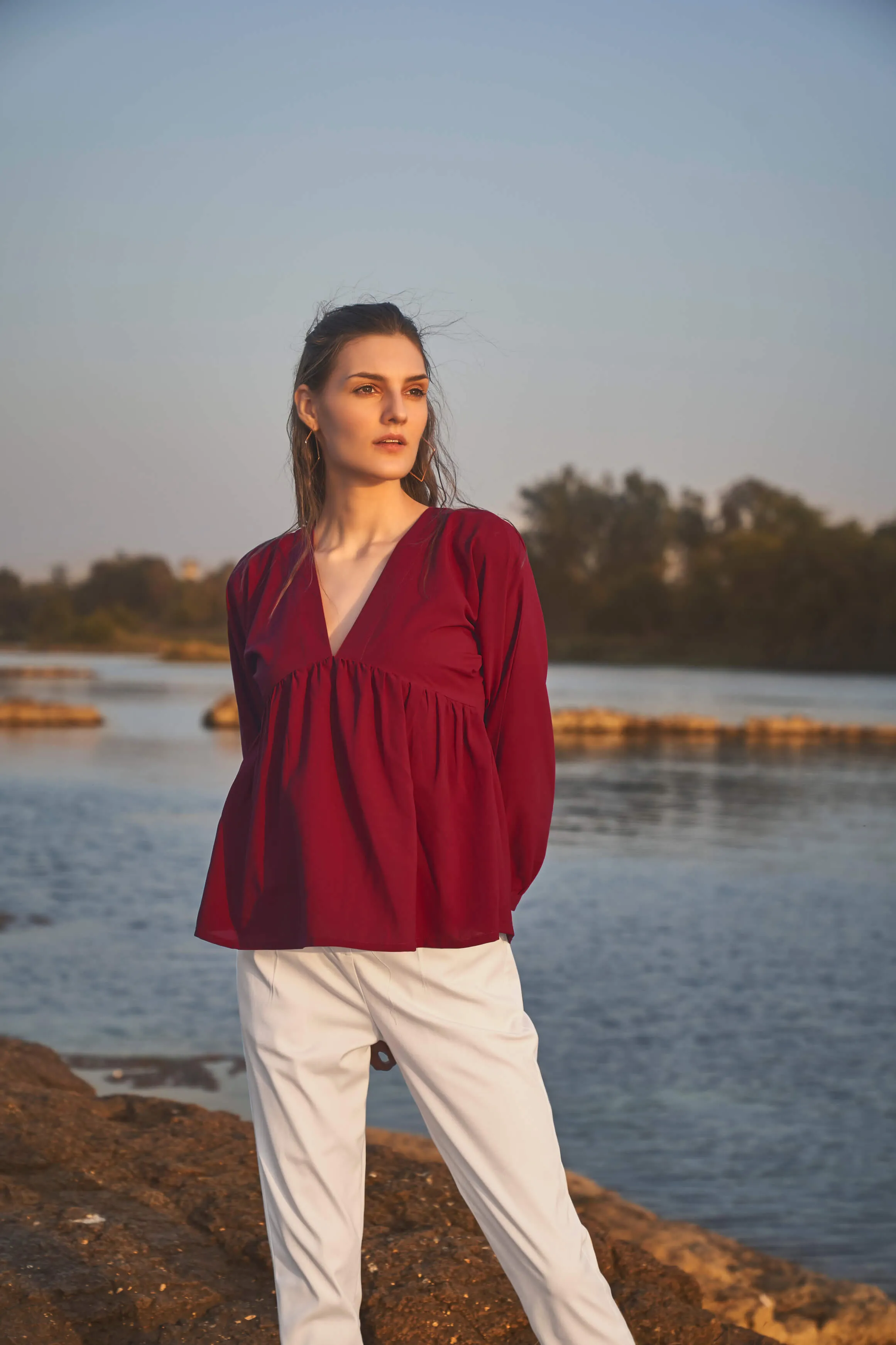 Maroon Pullover Peasant Sleeve Top
