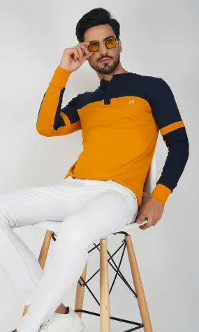 Mebadass Cotton Men's Fullsleeve Regular Casual T-shirt - Mustard & Navy